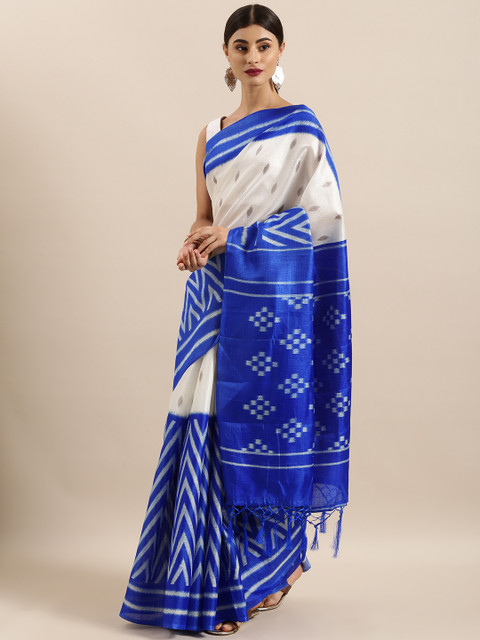 

KALINI Off-White & Blue Art Silk Ikkat Printed Khadi Saree
