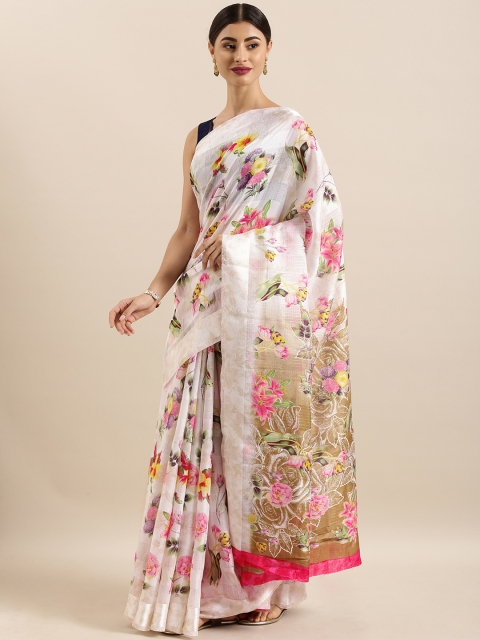 

KALINI White & Pink Art Silk Printed Mysore Silk Saree