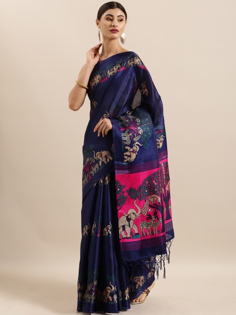 

KALINI Navy Blue & Pink Art Silk Printed Khadi Saree