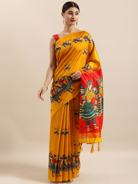 

KALINI Mustard Yellow & Red Art Silk Printed Kalamkari Khadi Saree