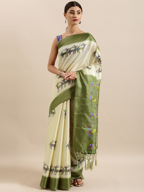 

KALINI Beige & Olive Green Art Silk Printed Khadi Saree