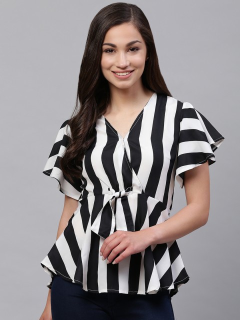 

SIRIKIT Women Black & White Striped Layered Wrap Top