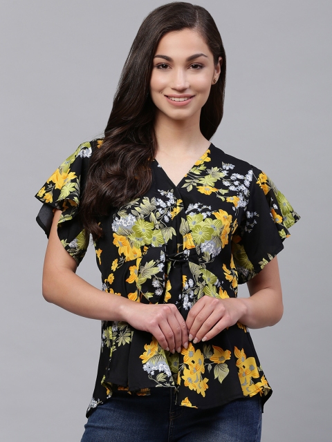 

SIRIKIT Women Black & Yellow Floral Print Layered Wrap Top