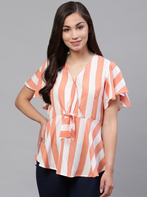 

SIRIKIT Women Peach-Coloured & White Striped Wrap Top