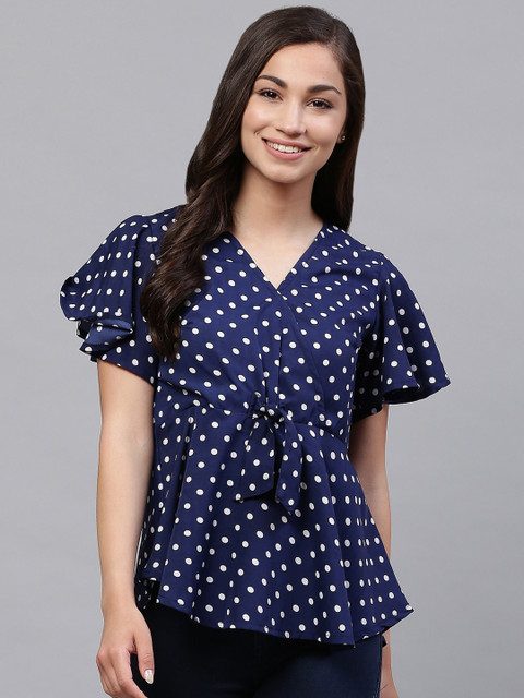 

SIRIKIT Women Navy Blue & White Polka Dot Print Layered Wrap Top