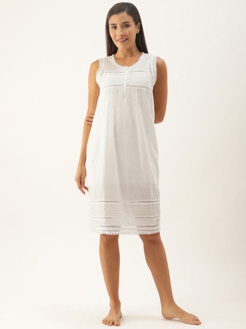 

Slumber Jill White Dobby Self Design Nightdress with Lace Inserts