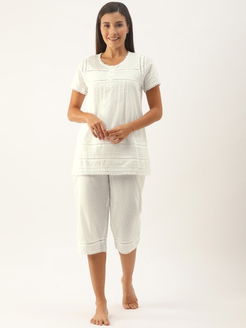 

Slumber Jill Women White Dobby Self Design Night suit