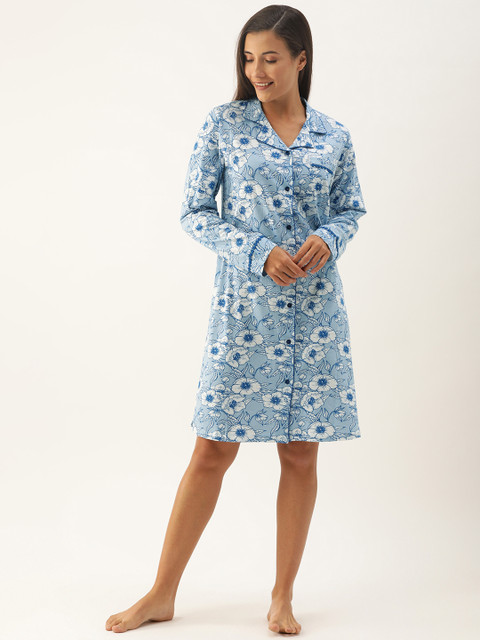 

Slumber Jill Women Blue & White Comfort Fit Printed Sleep Shirt with Lace Detail