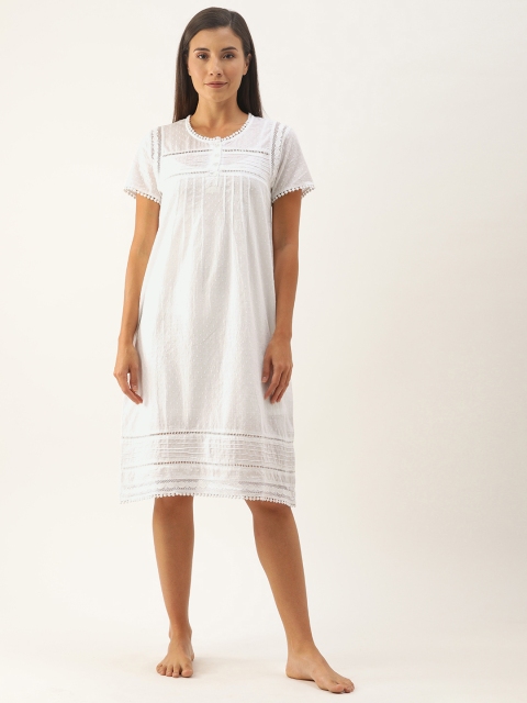 

Slumber Jill White Dobby Self Design Nightdress with Lace Inserts