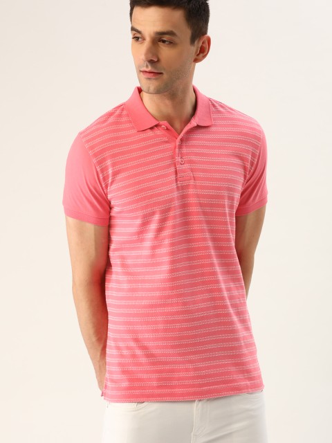 

United Colors of Benetton Men Pink White Striped Polo Collar Pure Cotton T-shirt