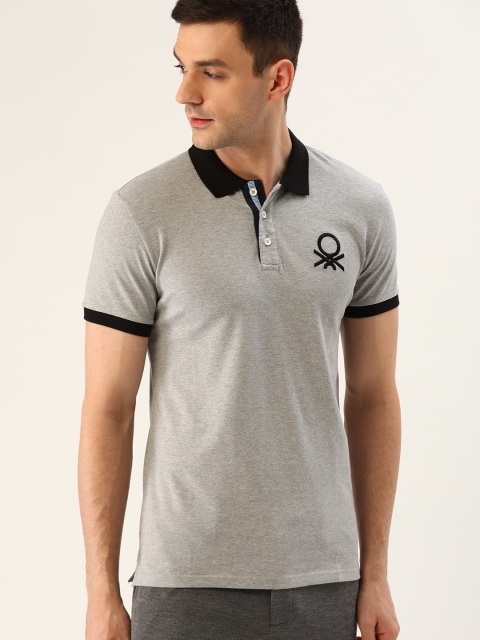 

United Colors of Benetton Men Grey Melange Solid Polo Collar T-shirt