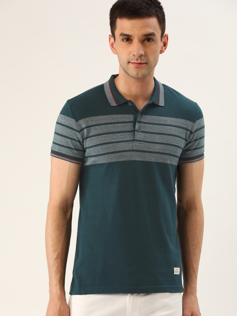 

United Colors of Benetton Men Teal Green Striped Polo Collar T-shirt