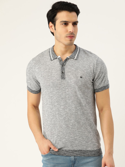 

United Colors of Benetton Men Grey Navy Striped Polo Collar Pure Cotton T-shirt