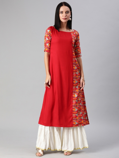 Bollywood Vogue Women Red & Grey Printed Made To Measure A-Line Kurta