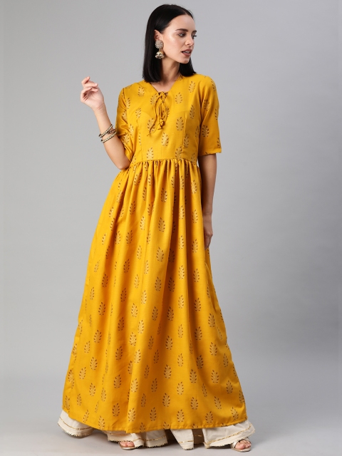 

EthnoVogue Women Mustard Yellow & Off-White Printed Anarkali Kurta