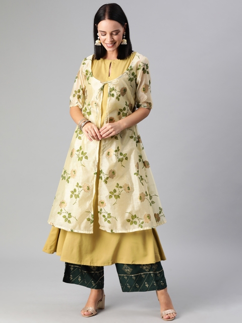 

Bollywood Vogue Women Beige & Khaki Printed Made To Measure Layered A-Line Kurta