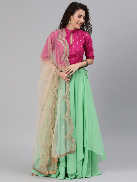

EthnoVogue Pink & Green Embellished Made to Measure Lehenga & Blouse with Dupatta
