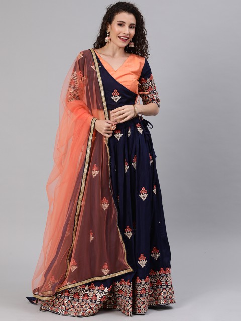 

EthnoVogue Navy Blue & Peach-Coloured Embroidered Made to Measure Lehenga & Blouse with Dupatta