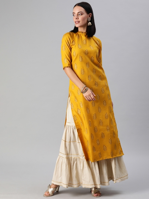 Women Mustard Yellow Straight Kurta