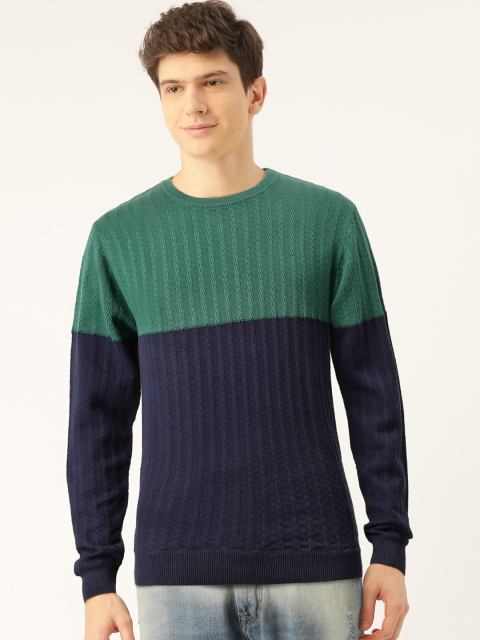 

United Colors of Benetton Men Navy Blue & Teal Green Colourblocked Pullover