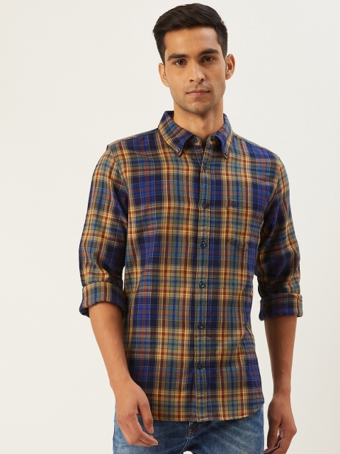 

United Colors of Benetton Men Blue & Mustard Yellow Slim Fit Checked Casual Shirt