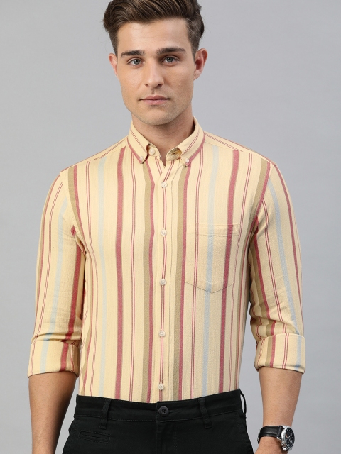 

TrueModa Men Cream-Coloured & Red Slim Fit Striped Smart Casual Shirt