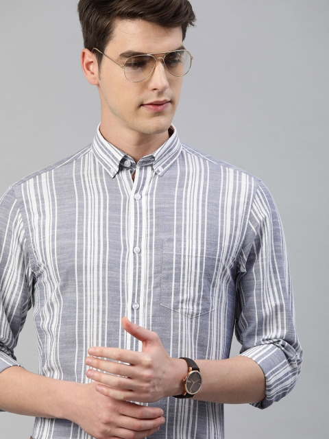 

TrueModa Men White & Grey Slim Fit Striped Smart Casual Shirt