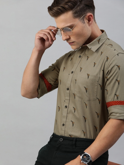 

TrueModa Men Olive Green & Brown Slim Fit Printed Smart Casual Shirt