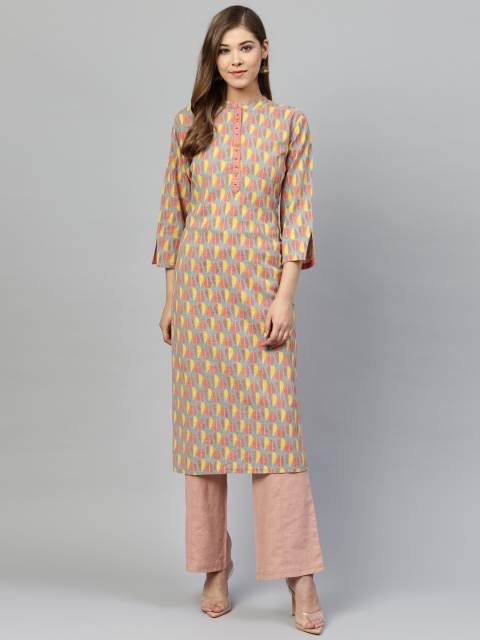 

Silai Bunai Women Grey & Red Printed Straight Kurta