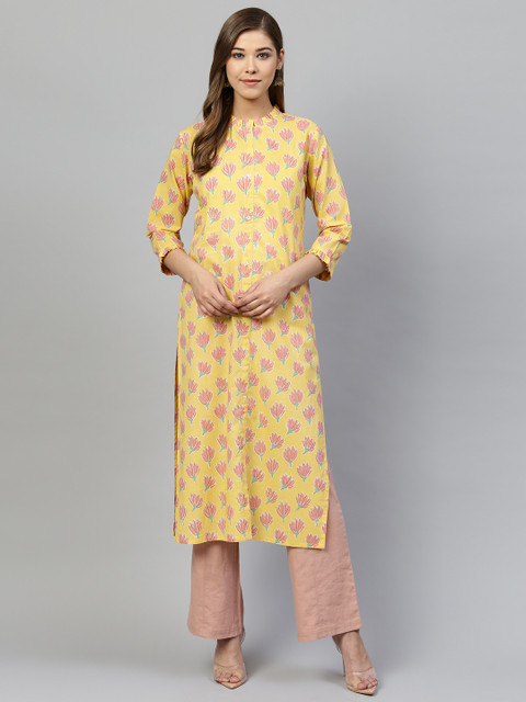 

Silai Bunai Women Yellow & Pink Printed Straight Kurta