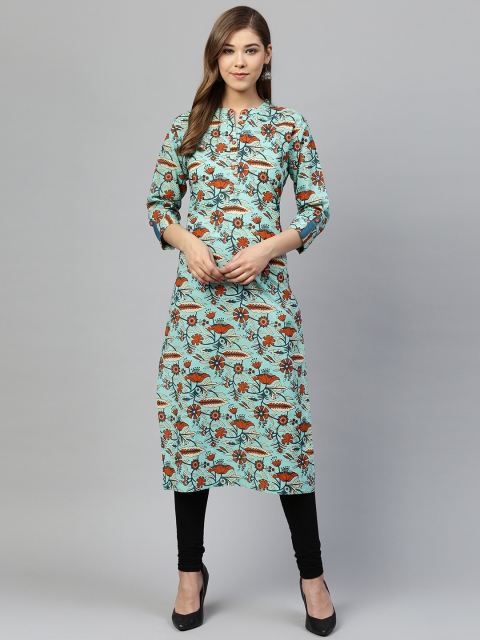 

Silai Bunai Women Green & Rust Orange Printed Straight Kurta