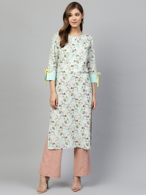 

Silai Bunai Women White & Sea Green Printed Straight Kurta