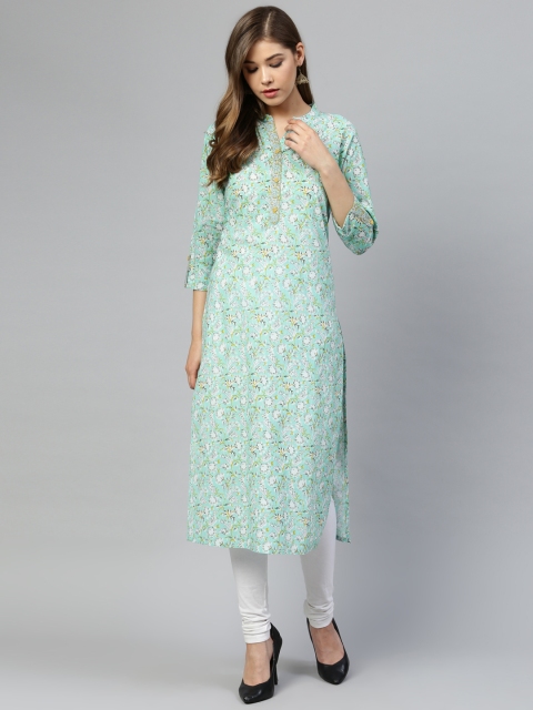 

Silai Bunai Women Sea Green & White Printed Straight Kurta