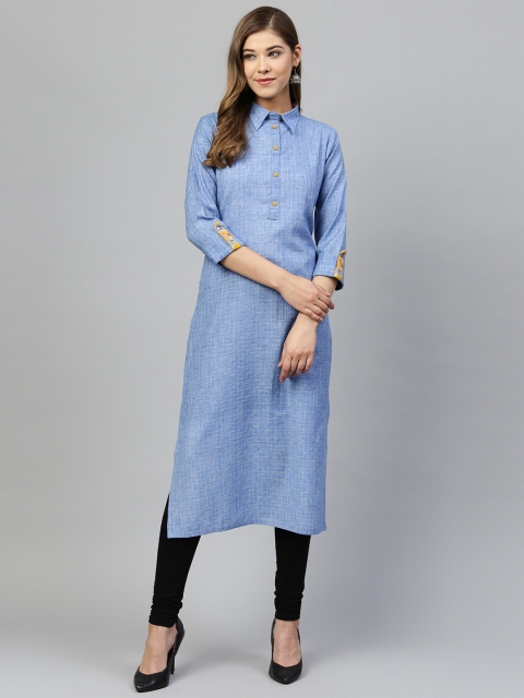 

Silai Bunai Women Blue & Yellow Checked Straight Kurta