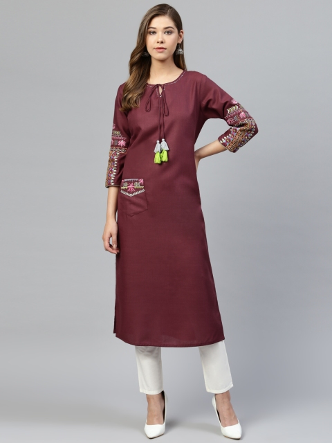 

Silai Bunai Women Burgundy Solid Straight Kurta