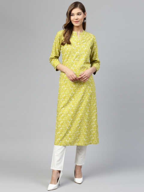 

Silai Bunai Women Green & White Printed Straight Kurta