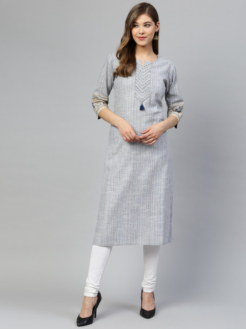 

Silai Bunai Women Blue & Off-White Woven Design Straight Kurta