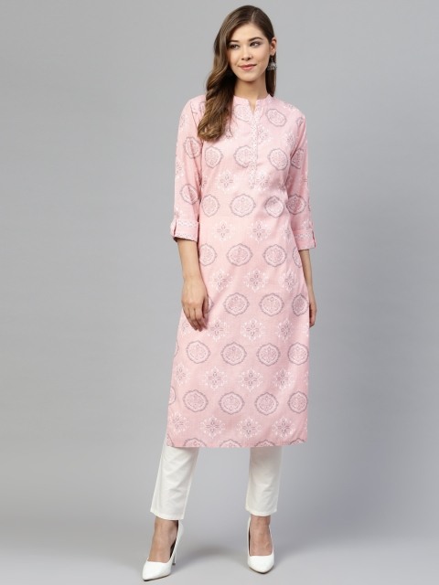 

Silai Bunai Women Pink & Grey Printed Straight Kurta