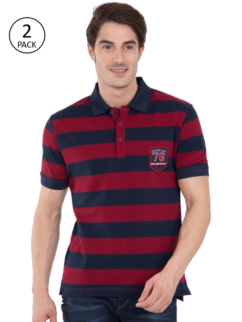 

Jockey Men Pack of 2 Navy Blue & Maroon Striped Polo Collar T-shirts