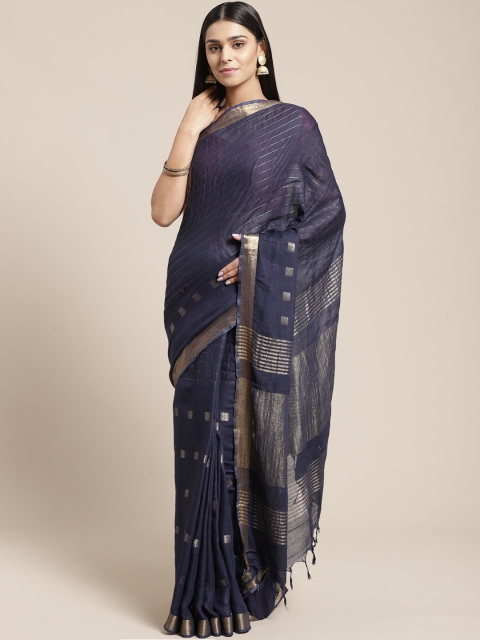 

swatika Navy Blue & Golden Woven Design Handloom Bhagalpuri Saree