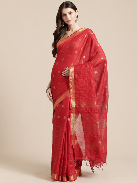 

swatika Red & Golden Woven Design Zari Handloom Bhagalpuri Saree