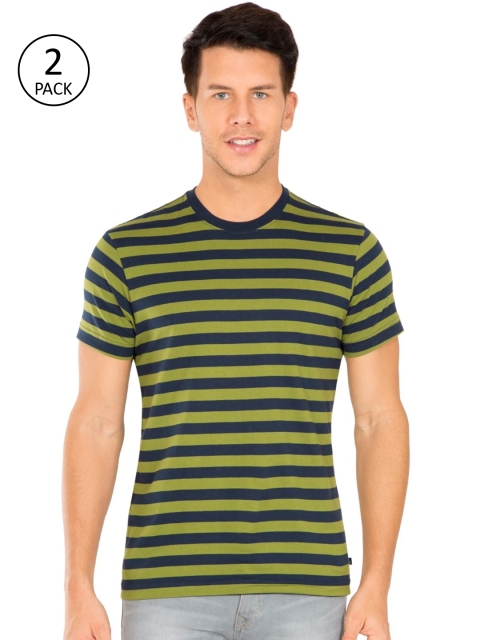 

Jockey Men Pack of 2 Navy Blue & Olive Green Modern Fit Striped Round Neck T-shirts