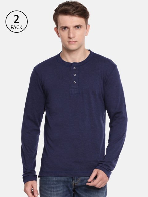 

Jockey Men Pack of 2 Navy Blue Solid Henley Neck T-shirts