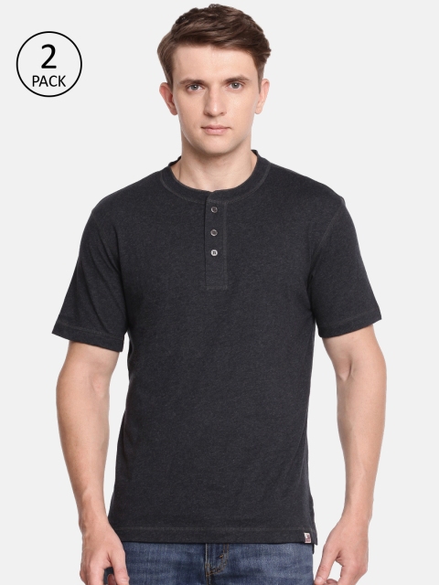 

Jockey Men Pack of 2 Black Solid Henley Neck Pure Cotton T-shirts