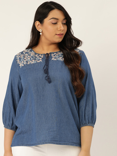 

Sztori Women Blue Embroidered Detail Plus Size Chambray Top