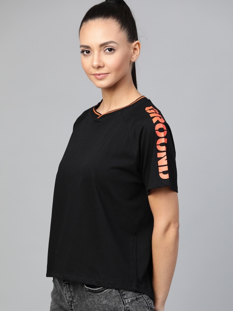

Hrx By Hrithik Roshan Women Black Solid Boxy Fit Bio-Wash Lifestyle T-shirt