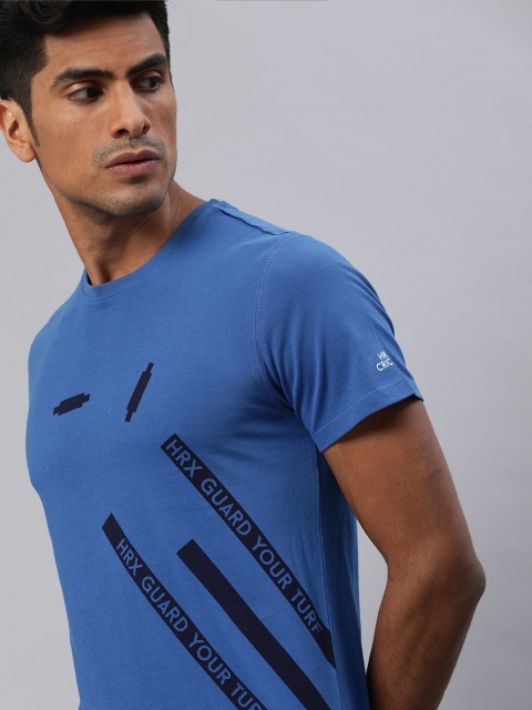 

HRX by Hrithik Roshan Men Blue Striped Bio-Wash Round Neck Cricket Tshirts