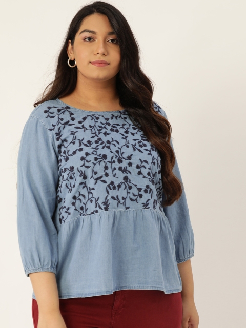 

Sztori Women Blue Embroidered Plus Size Chambray A-Line Top