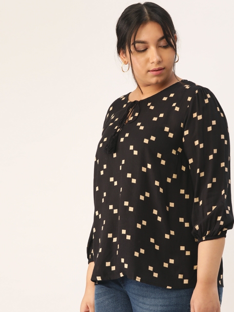 

Sztori Women Black & Cream-Coloured Plus Size Geometric Print Top