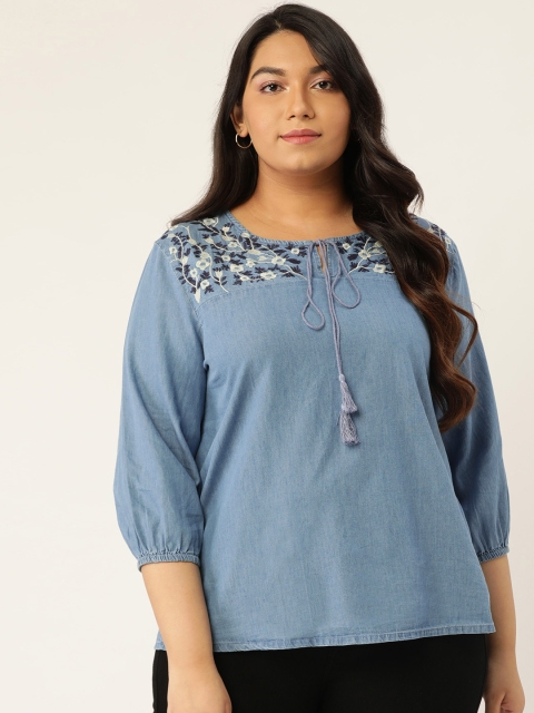 

Sztori Women Blue Embroidered Detail Plus Size Chambray Top